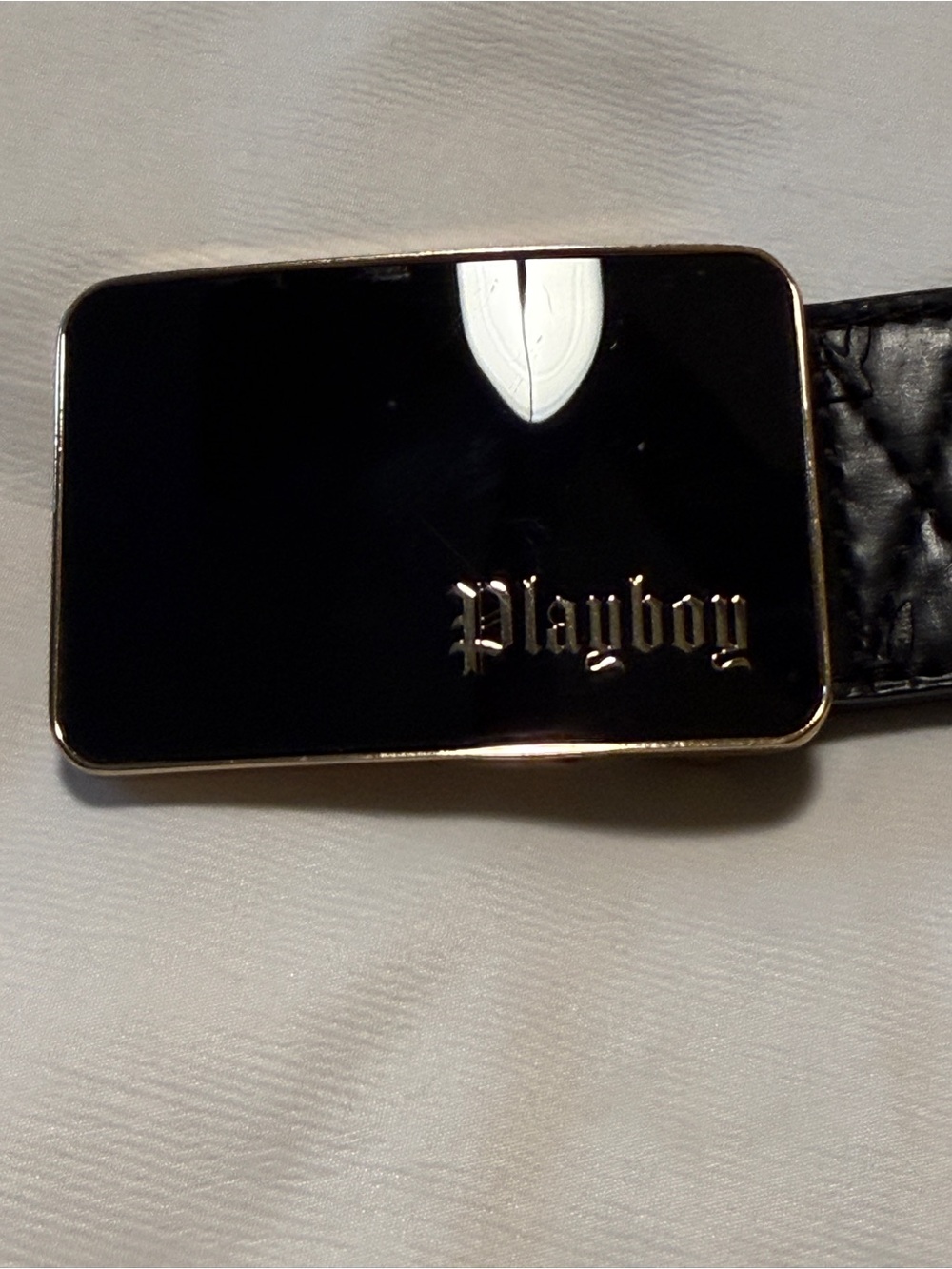 Playboy Black Logo Embossed Belt Gold Buckle 39”